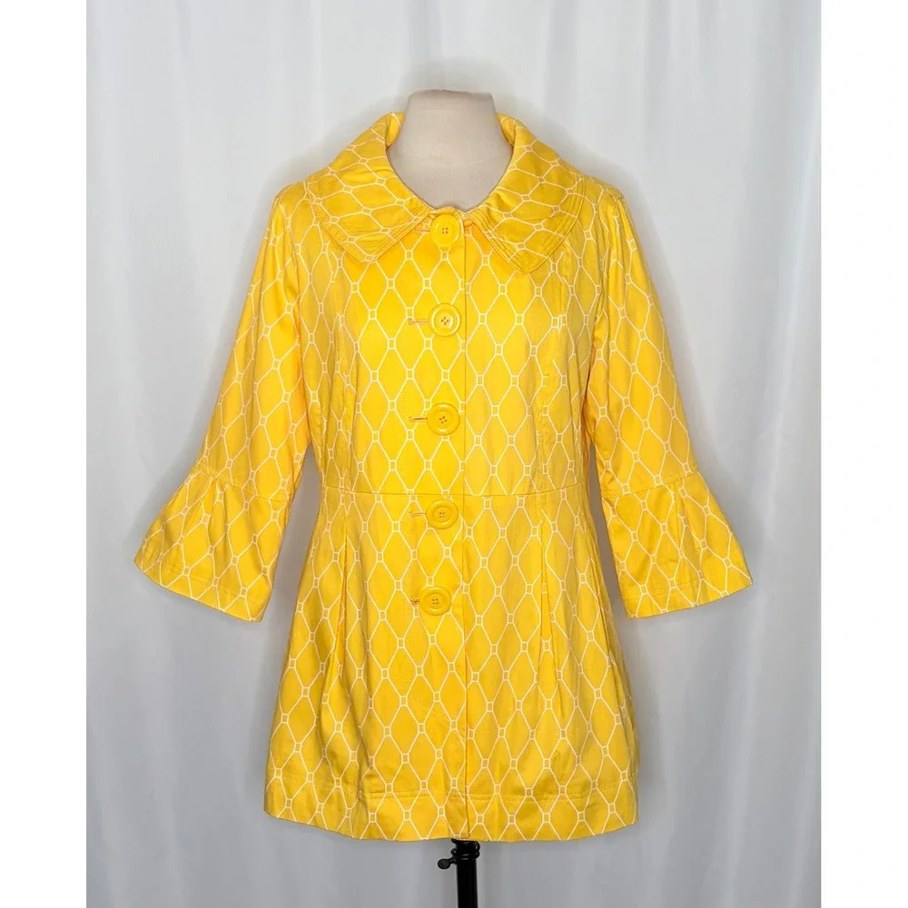 EDEN COURT Yellow White Geometric Print Coat Jacket Bell Sleeves‎ Pockets Large